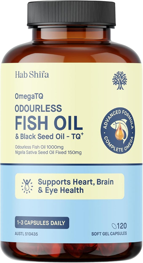Hab Shifa OmegaTQ Black Seed & Odourless Fish Oil 120 Soft Gel Capsules - Front Bottle
