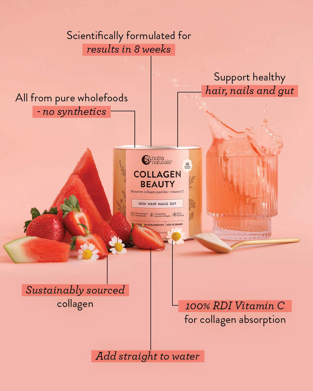 Nutra Organics Collagen Beauty Watermelon Strawberry 225g